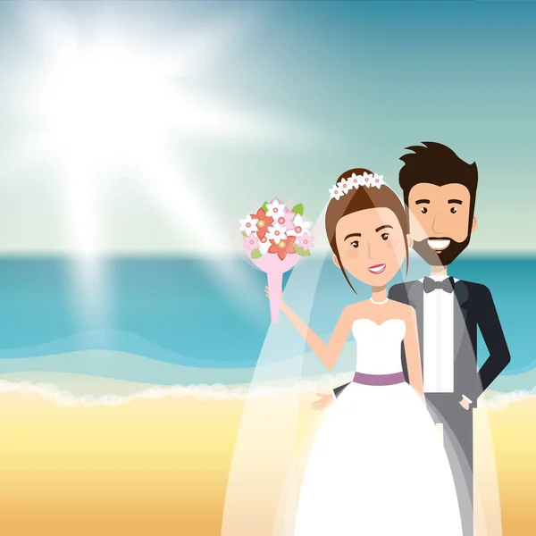 浜でちょうど結婚されていたカップル — ストックベクタ