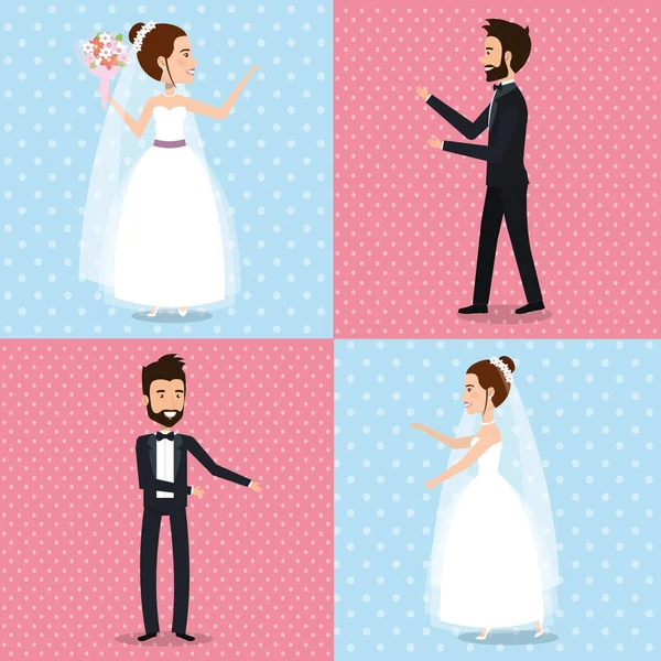 Just married couple set pictures — Stock Vector