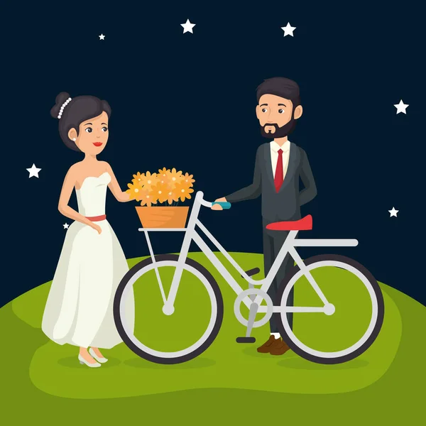 Just married couple in the field with bicycle — Stock Vector