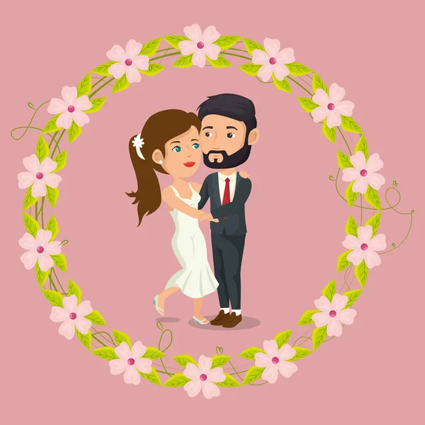 Romantic picture of just married couple with floral frame — Stock Vector