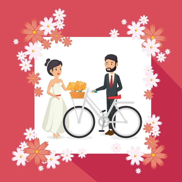Romantic picture of just married couple with floral frame — Stock Vector