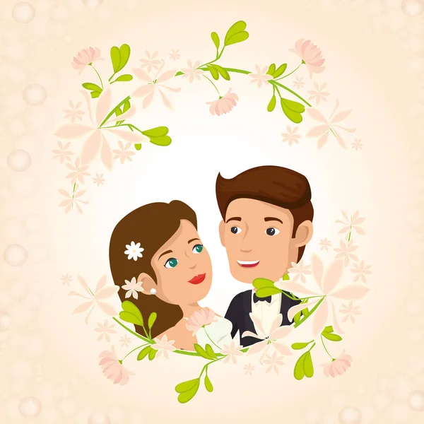 Imagen romántica de pareja recién casada con marco floral — Archivo Imágenes Vectoriales