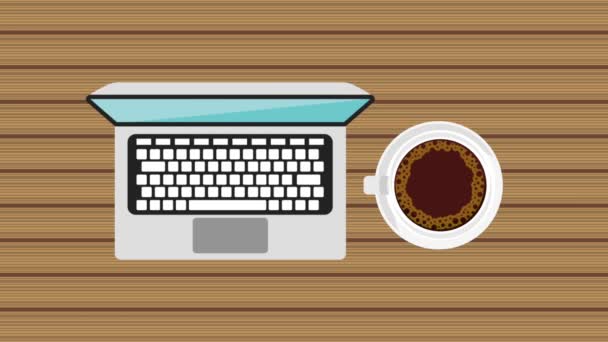 Вид сверху ноутбук и кофе — стоковое видео