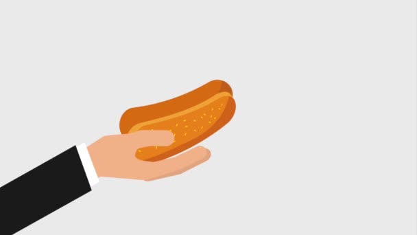 Hand hält Hot Dog und gießt — Stockvideo