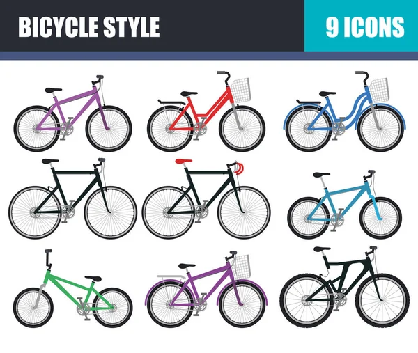 Ícones de conjunto de estilo de bicicleta — Vetor de Stock