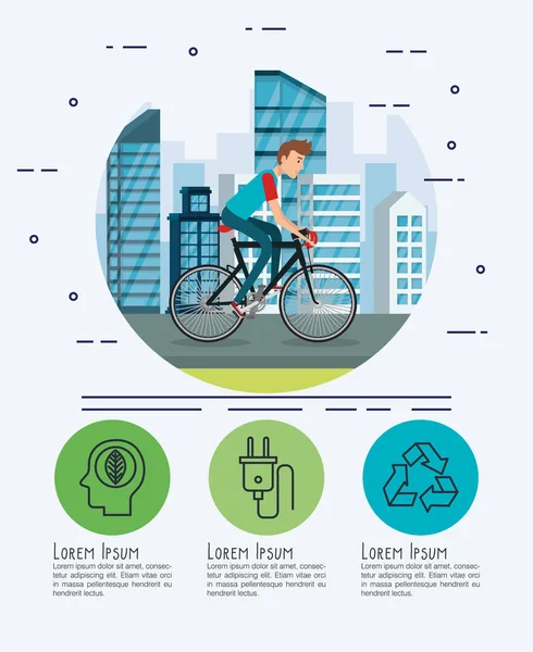 Man in bicycle with eco friendly icons — Stock Vector