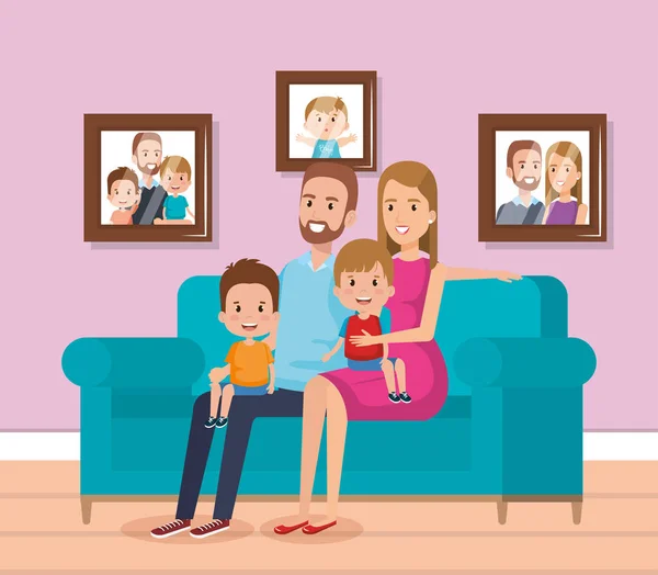 Linda familia feliz en la sala de estar personajes — Vector de stock