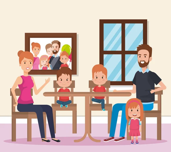 Famille mignonne heureux dans les personnages de la salle à manger — Image vectorielle