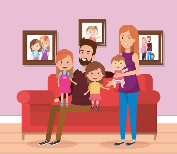 Famille mignonne heureux dans les personnages du salon — Image vectorielle