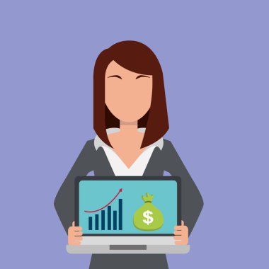 Laptop çanta para ve mali grafik ile ekranda tutan iş kadın