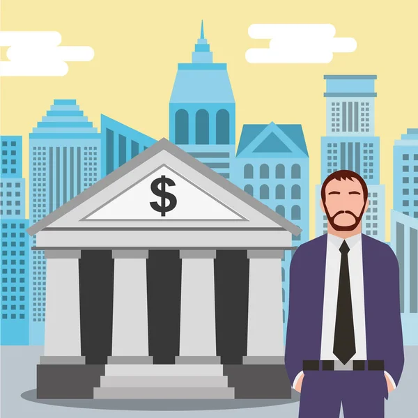 Επιχειρηματίας που στέκεται στην Τράπεζα κτίριο χρηματοδοτικό ίδρυμα με φόντο πόλη — Διανυσματικό Αρχείο