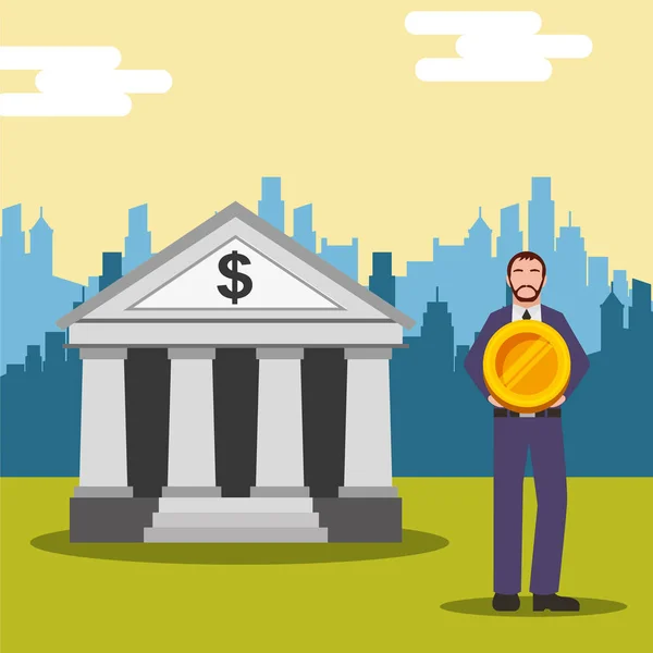 Επιχειρηματίας κρατώντας το κέρμα με την οικοδόμηση της Τράπεζας και το κτίριο αστικό φόντο — Διανυσματικό Αρχείο