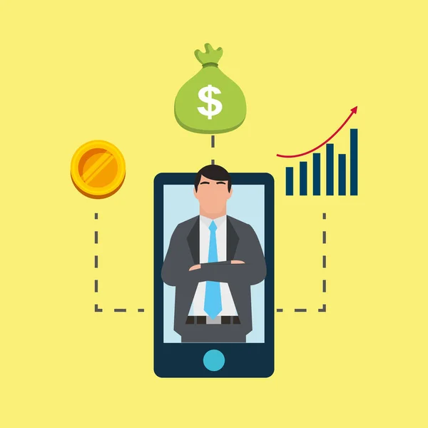 Podnikatel witn smartphone na obrazovce bankovní finanční — Stockový vektor