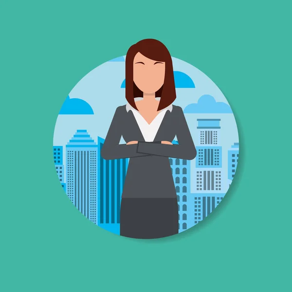 Avatar de personnage de femme d'affaires avec fond de ville — Image vectorielle