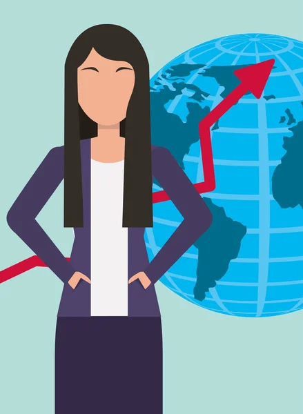 Business kvinna porträtt med globe karta och tillväxt pil — Stock vektor