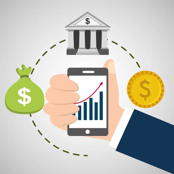 Mano tenendo smartphone banking moneta grafico statistico app — Vettoriale Stock