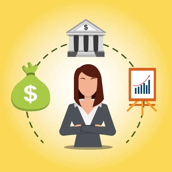 Zakenvrouw met een zak geld en presentatie statistiek bankfinancieringen — Stockvector
