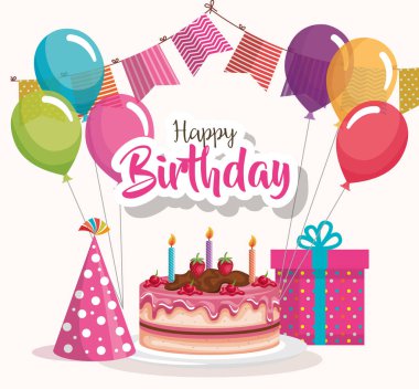 mutlu doğum günü pastası ile balonları hava kutlama kartı