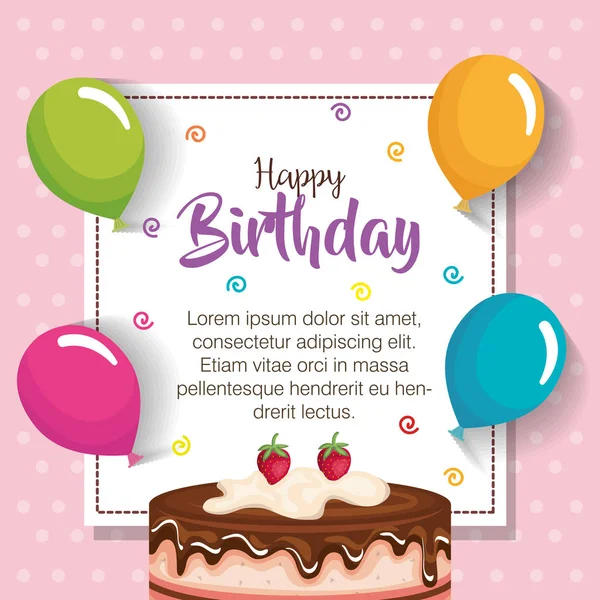 С днем рождения торт с воздушными шарами праздничная открытка — стоковый вектор