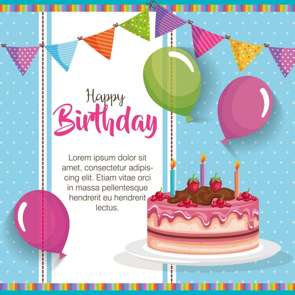 Щасливий день народження торт з повітряними кульками листівка святкування — стоковий вектор