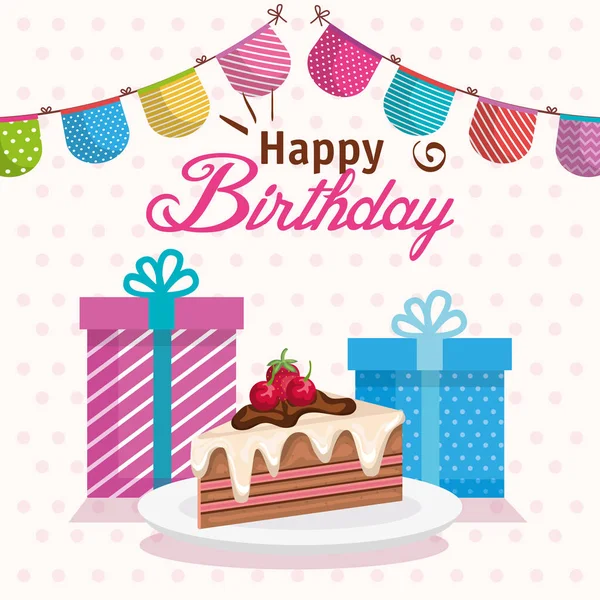 Partie gâteau d'anniversaire heureux avec des cadeaux — Image vectorielle