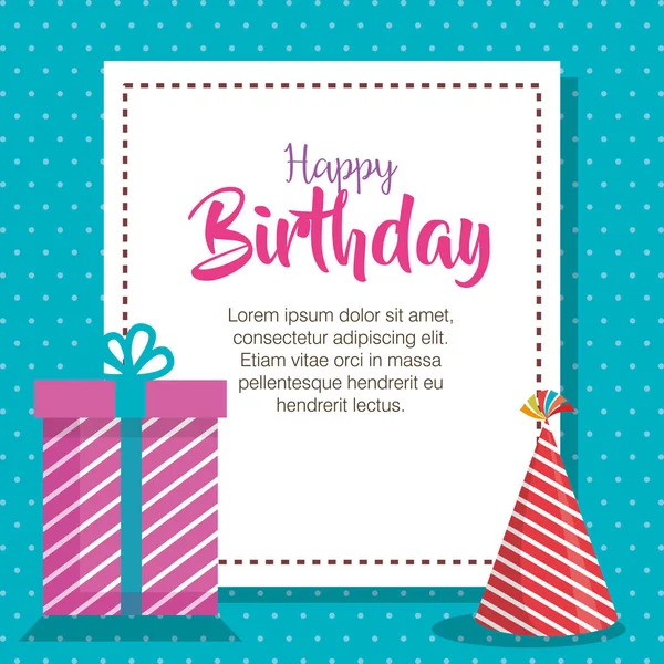 Happy birthday hat and gift celebration card — стоковый вектор