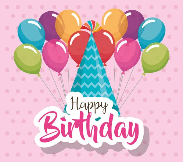 Chapéu de aniversário feliz e balões cartão de celebração do ar — Vetor de Stock