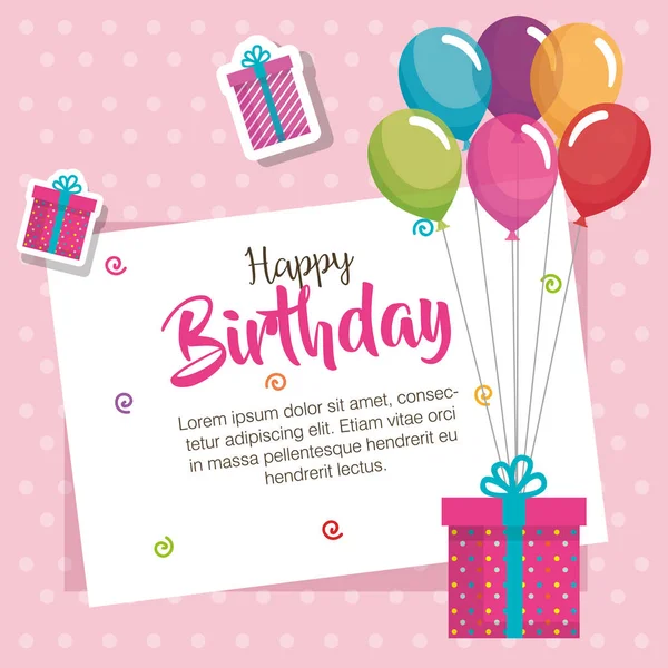 Mutlu doğum günü balonları hava ve hediye kutlama kartı — Stok Vektör