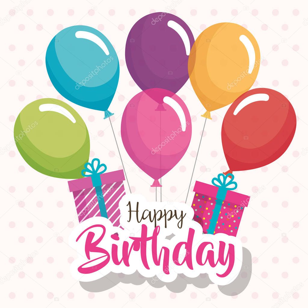 happy birthday balloons air and gift celebration card