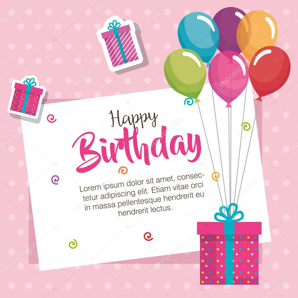 happy birthday balloons air and gift celebration card