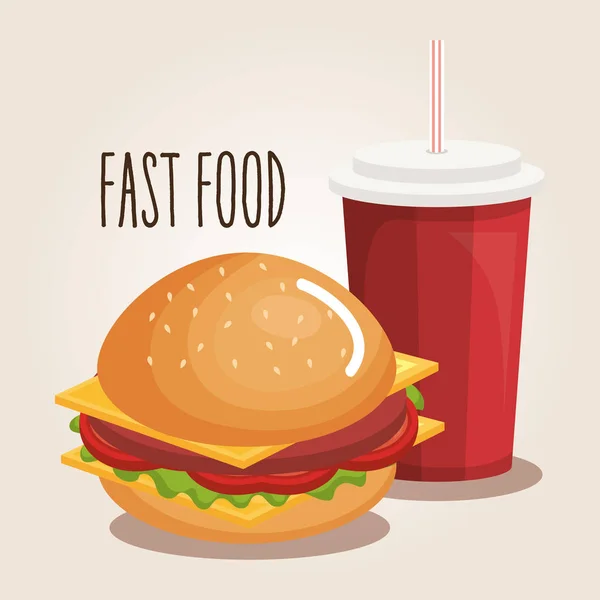 Deliciosa hamburguesa y refresco icono de comida rápida — Vector de stock