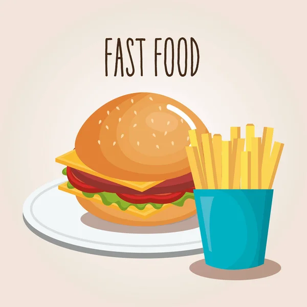 Délicieux hamburger et frites pommes de terre fast food icône — Image vectorielle