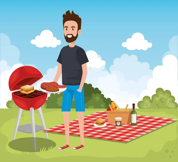 Muž vaření v scéně den piknik — Stockový vektor