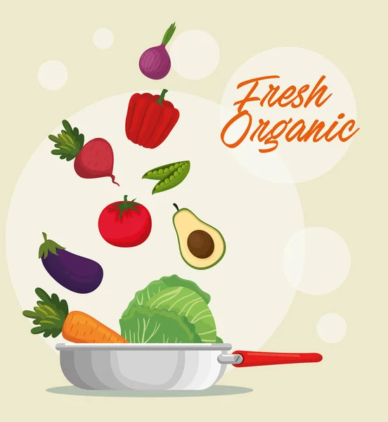 Panela de cozinha com legumes frescos e orgânicos —  Vetores de Stock