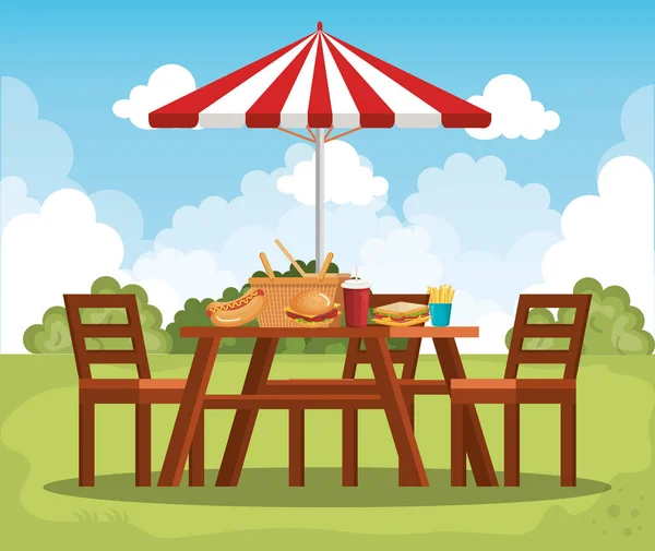 野餐桌与伞场面 — 图库矢量图片