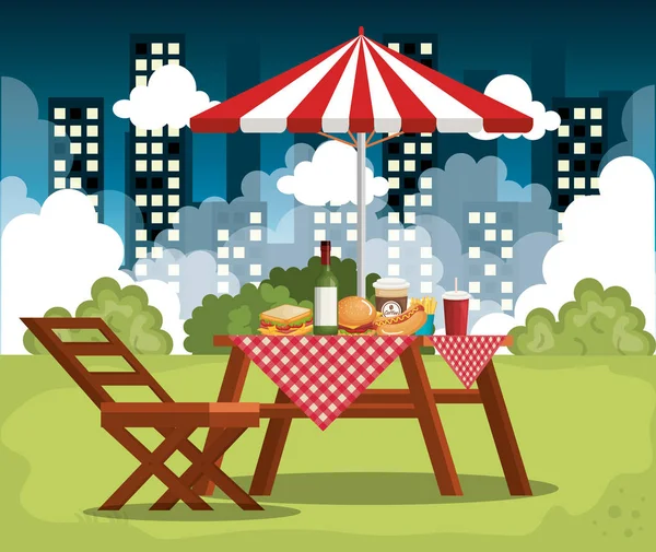 傘のシーンとピクニック テーブル — ストックベクタ