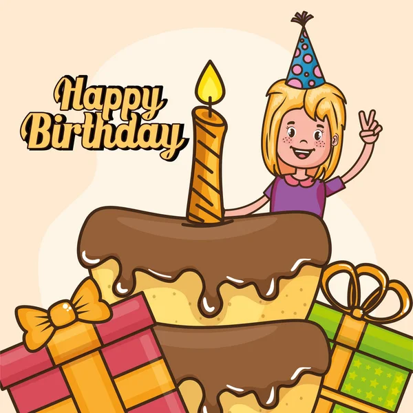 Cartão de aniversário feliz com menina —  Vetores de Stock