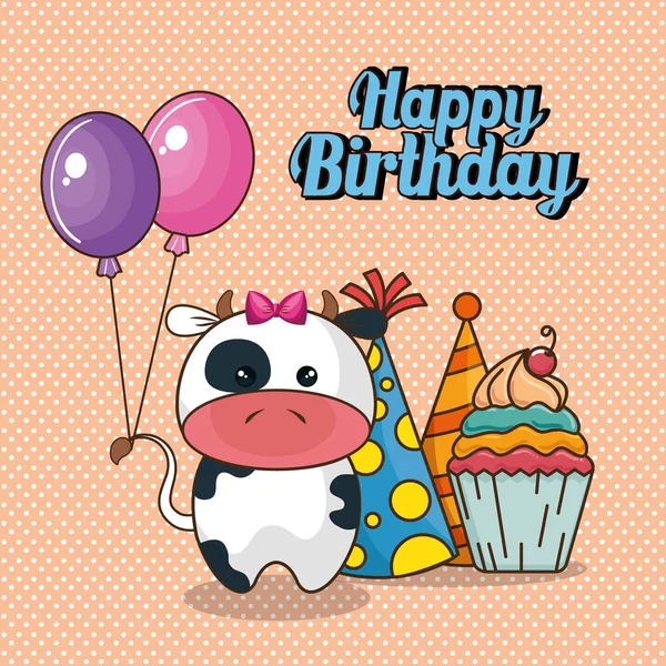 Tarjeta de cumpleaños feliz con vaca linda — Archivo Imágenes Vectoriales