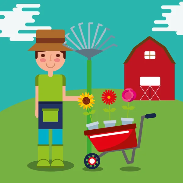 Jardineiro trabalho menino fazenda — Vetor de Stock