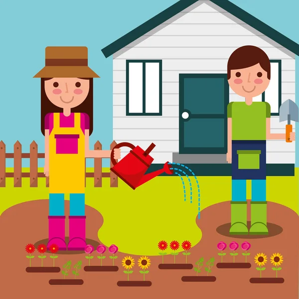 Niños y niñas jardineros — Vector de stock