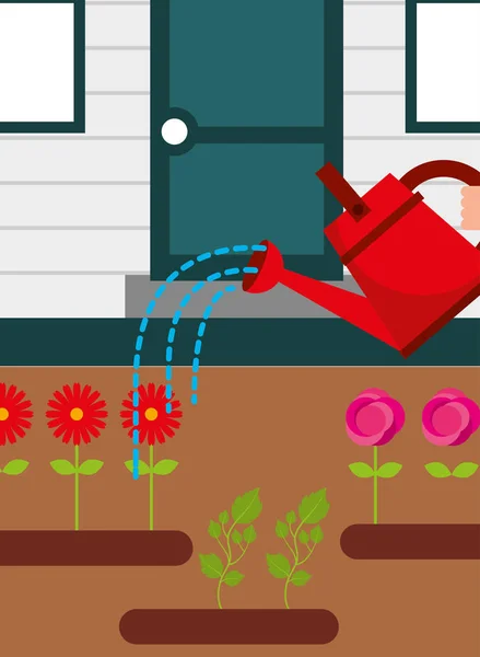 Trädgårdsskötsel vattna blommor trädgård hus — Stock vektor