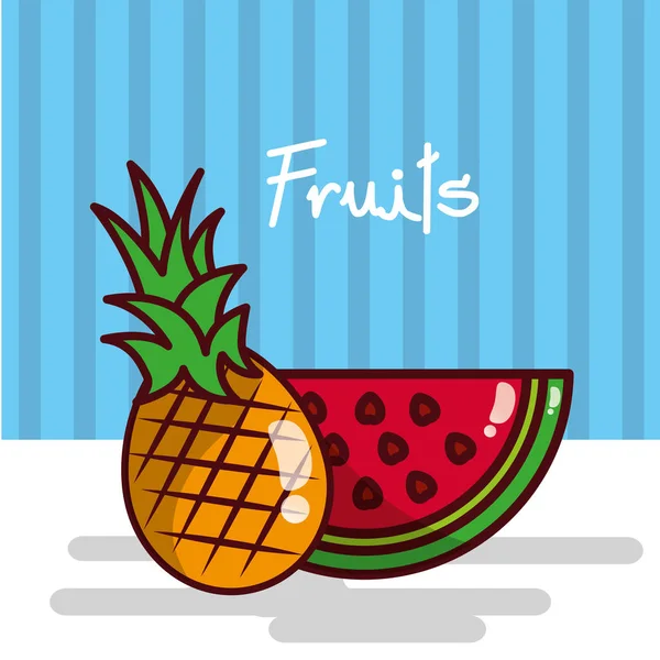 Piña y sandía frutas fresco collage jugoso — Vector de stock