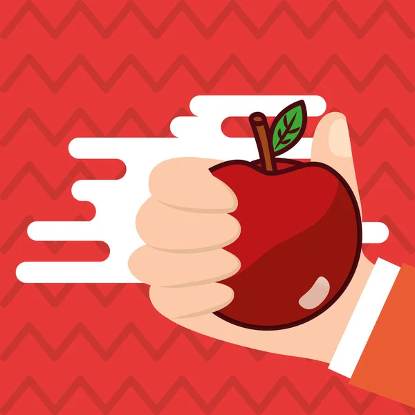 Hand met apple verse gekleurde achtergrond — Stockvector