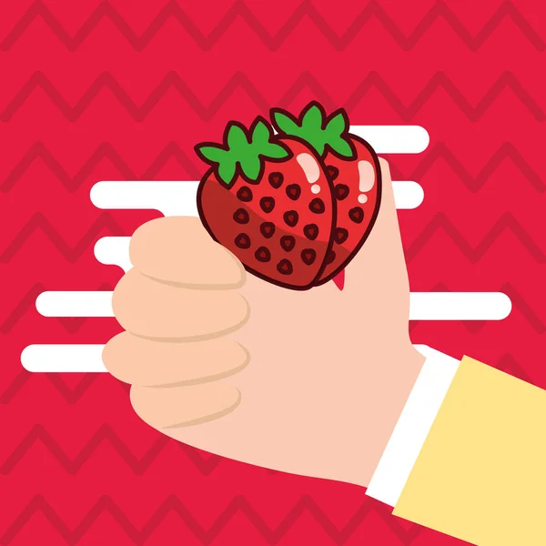 Tangan memegang strawberry warna latar belakang segar - Stok Vektor