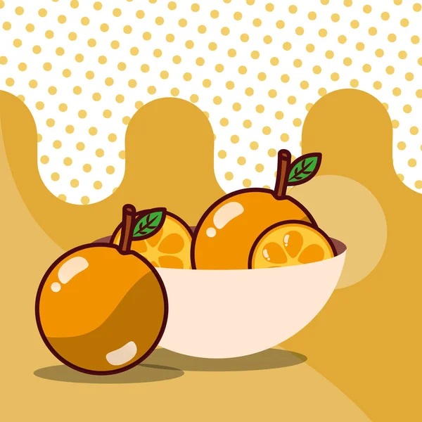 Arancia in ciotola frutta raccolto gustoso punteggiato colore di sfondo — Vettoriale Stock