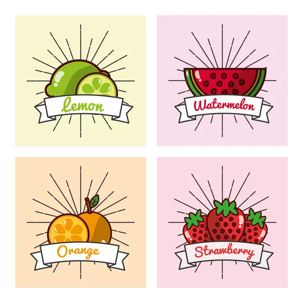 Συλλογή φρούτων λεμόνι πορτοκάλι καρπούζι και φράουλα κορδέλα — Διανυσματικό Αρχείο