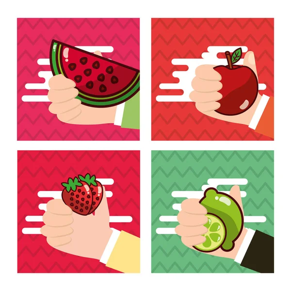 Set of hand holding fresh fruits watermelon apple lemon and strawberry — Stock Vector