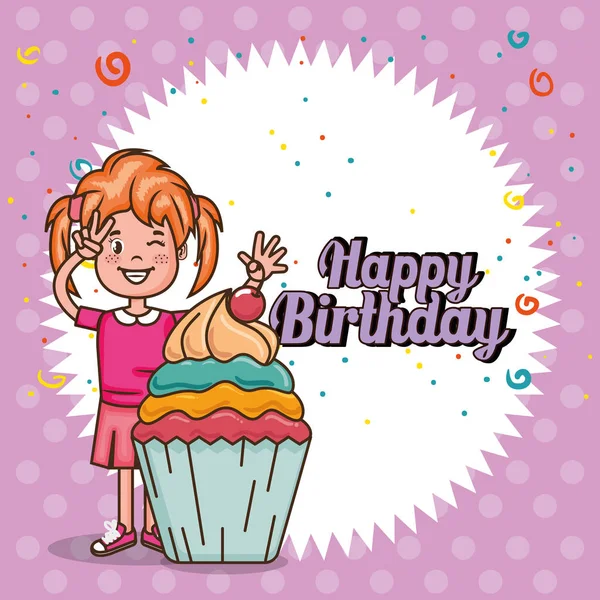 Tillykke fødselsdagskort med lille pige – Stock-vektor