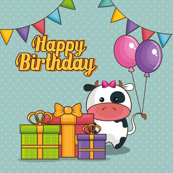 Cartão de aniversário feliz com vaca bonito — Vetor de Stock