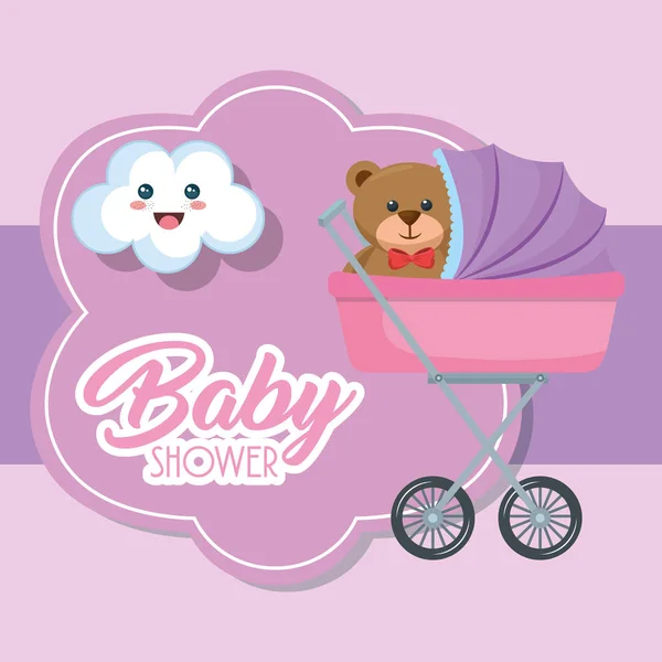 Baby shower card with bear teddy in cart — Stockvector